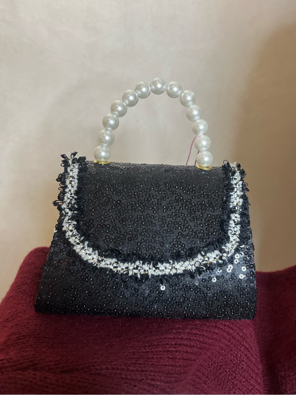 Pearl Handle Black Sequin Top-Handle Bag NWT